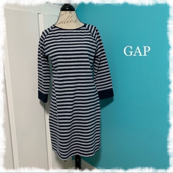GAP 3/4 Sleeve Gray/Navy Striped Shift Dress - Picture 1 of 5